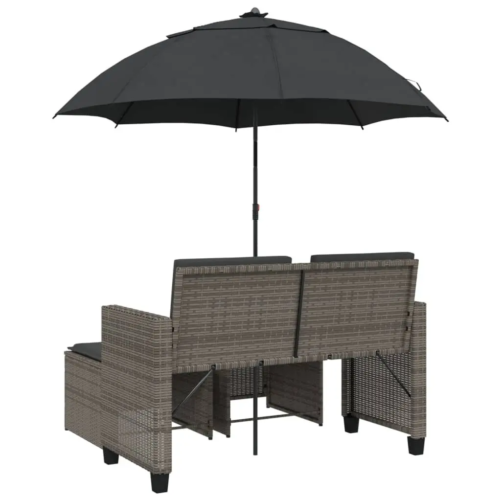 Garden Sofa PE Rattan 2-Seater Grey with Parasol and Footstools