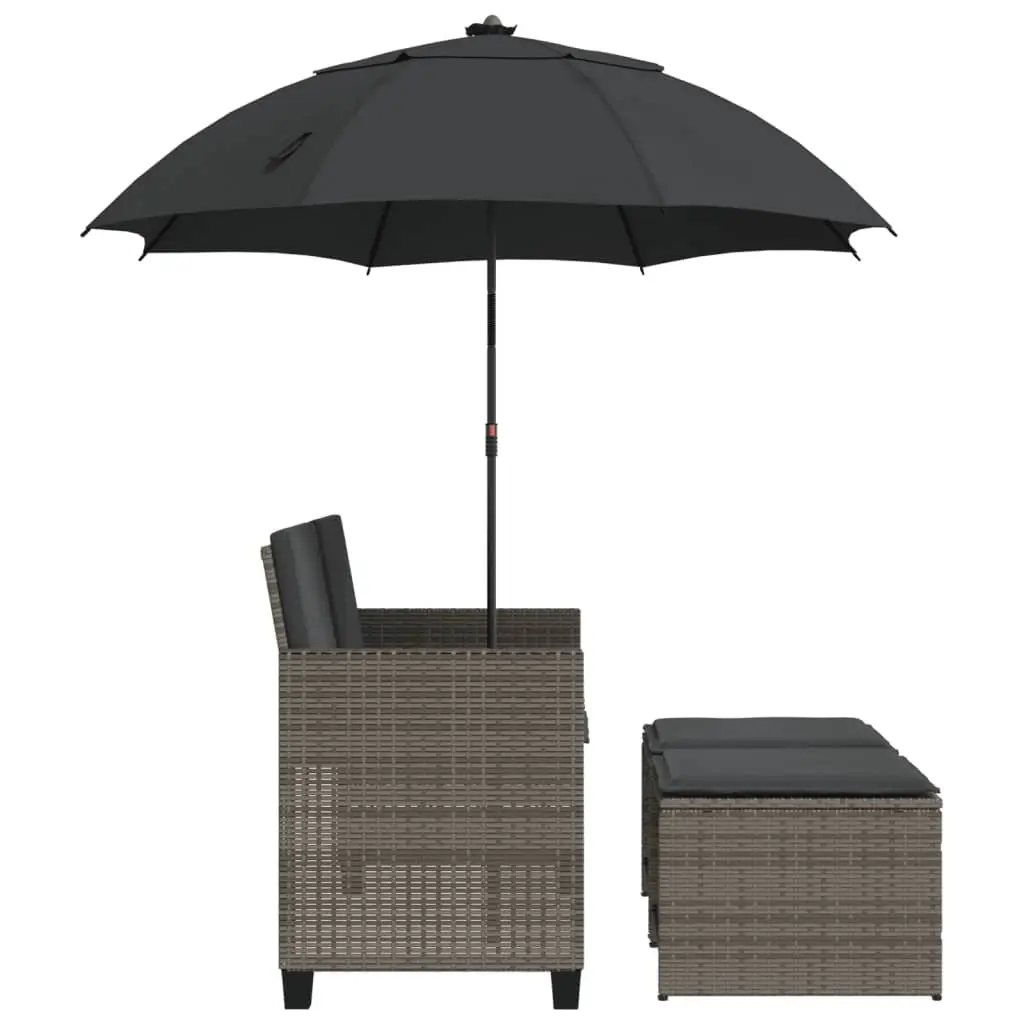 Garden Sofa PE Rattan 2-Seater Grey with Parasol and Footstools