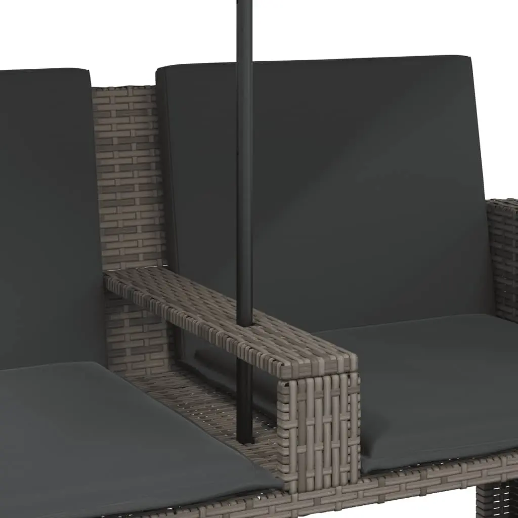 Garden Sofa PE Rattan 2-Seater Grey with Parasol and Footstools
