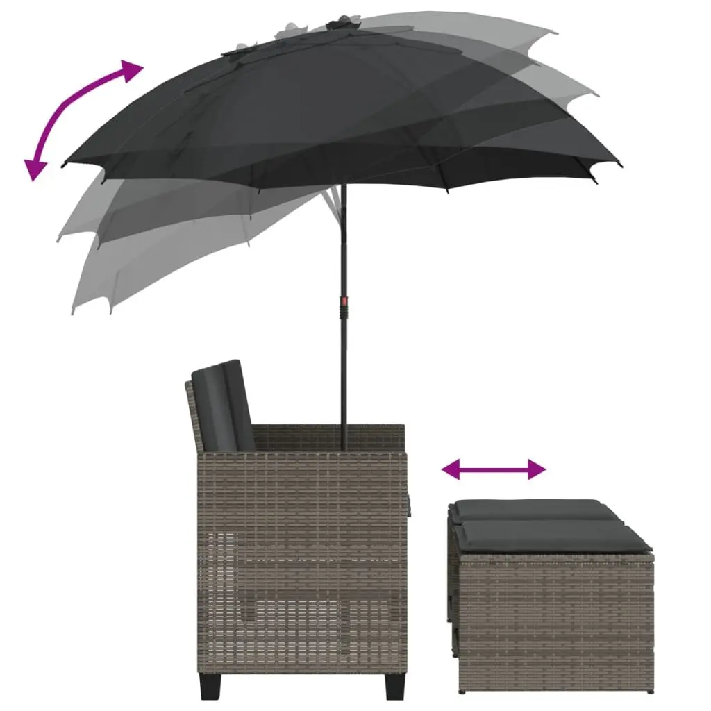 Garden Sofa PE Rattan 2-Seater Grey with Parasol and Footstools