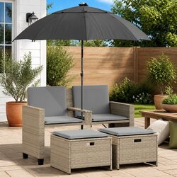 Beige 2-Seater Garden Sofa with Parasol and Stools