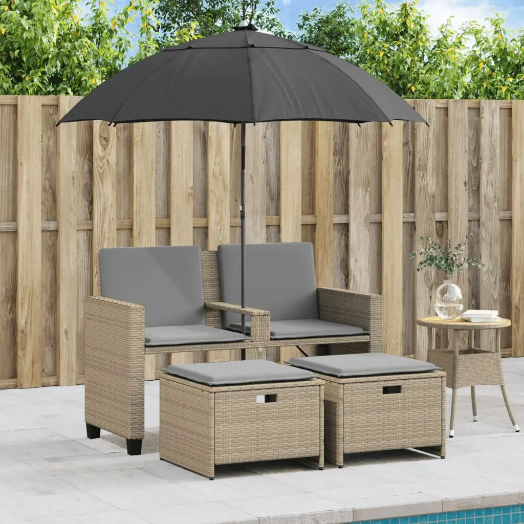 Beige 2-Seater Garden Sofa with Parasol and Stools