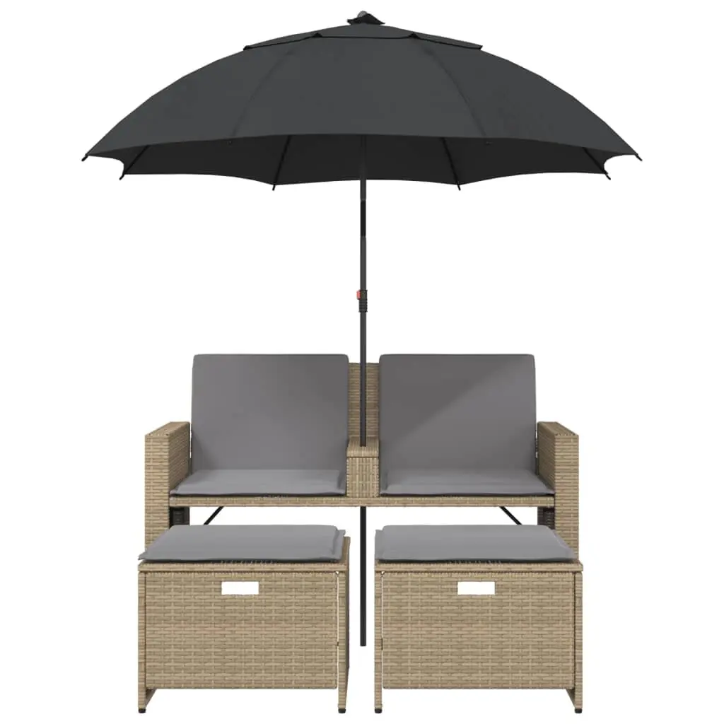 Beige 2-Seater Garden Sofa with Parasol and Stools