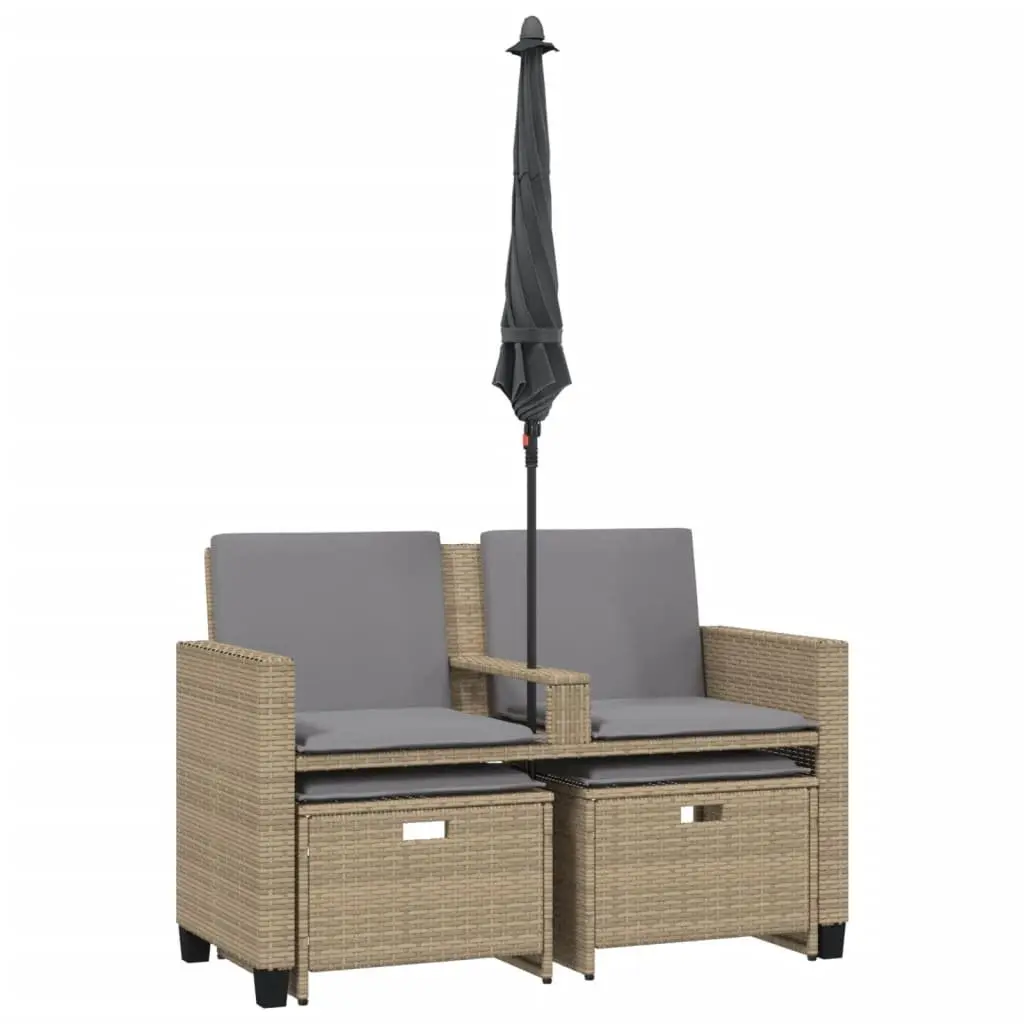 Beige 2-Seater Garden Sofa with Parasol and Stools