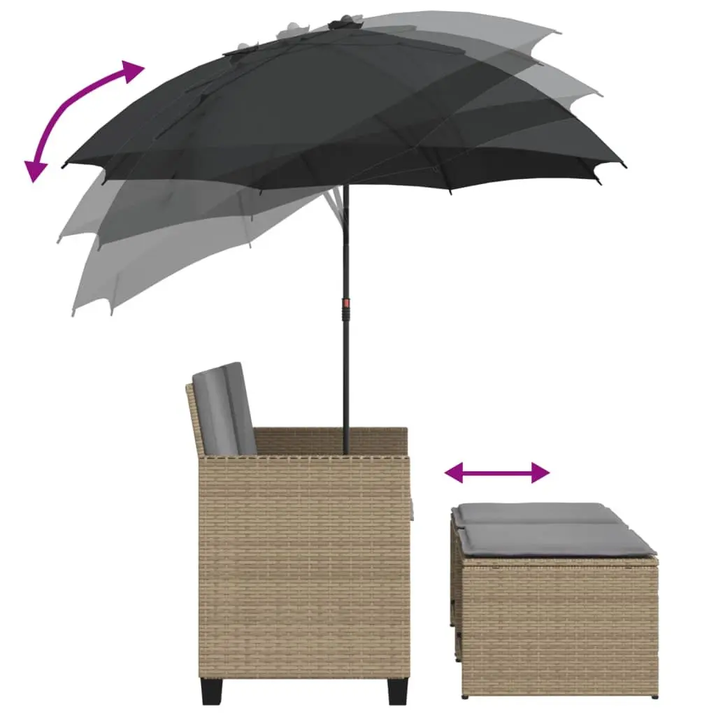 Beige 2-Seater Garden Sofa with Parasol and Stools