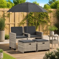 Sturdy 2-Seater Garden Sofa Set with Parasol and Footstools