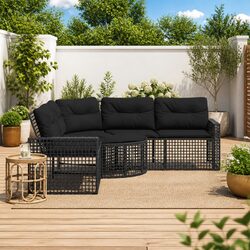 Durable L-Shaped Garden Sofa with Footstool in Black