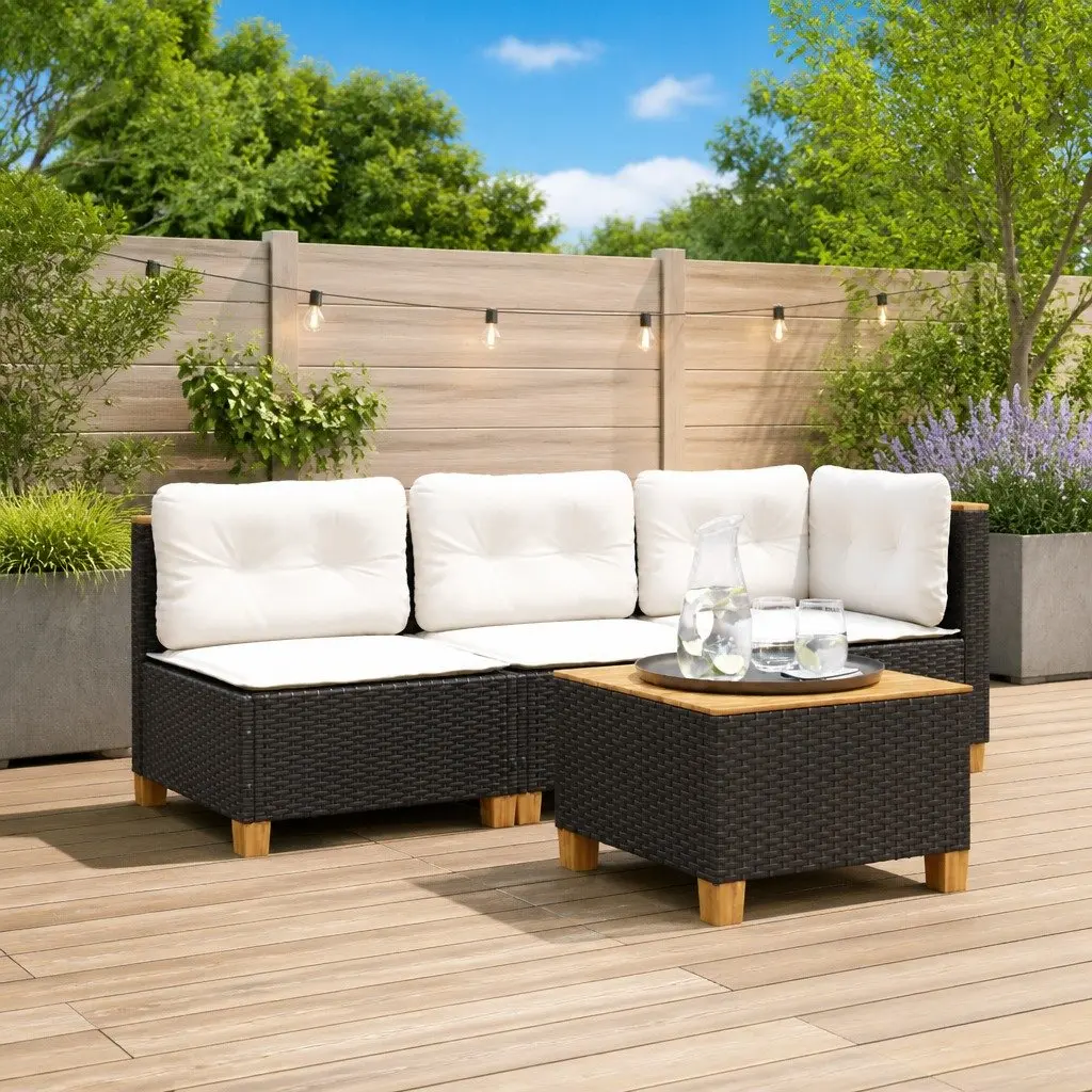 Black Poly Rattan Corner Sofa with Cushions