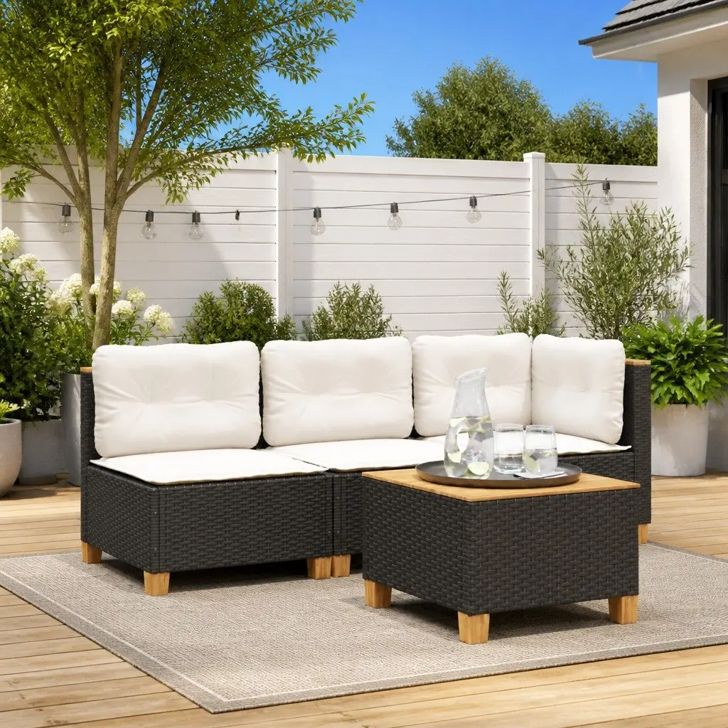 Black Poly Rattan Armless Garden Sofa with Cushions