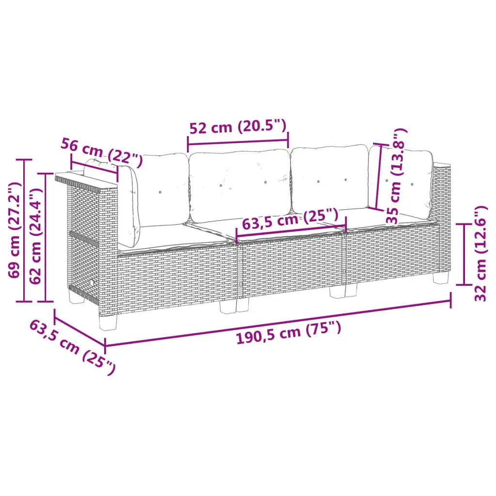 3-Seater Garden Sofa PE Rattan Grey Outdoor Lounge Furniture