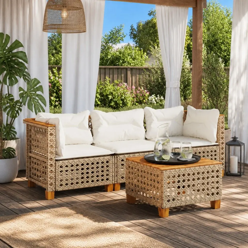 3-Seater Sofa PE Rattan Beige Outdoor Lounge Seating with Cushions