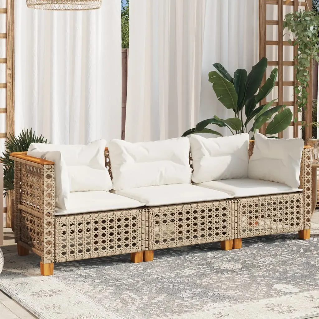 3-Seater Sofa PE Rattan Beige Outdoor Lounge Seating with Cushions