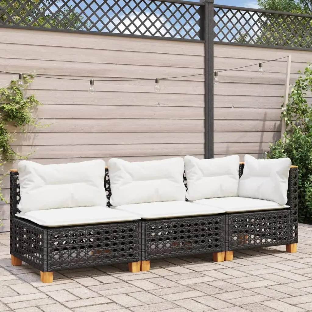 3-Seater Sofa PE Rattan Black with Cushions Outdoor Garden Lounge Seating