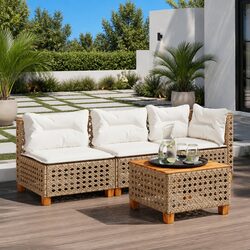 Beige PE Rattan 3-Seater Outdoor Sofa with Cushions