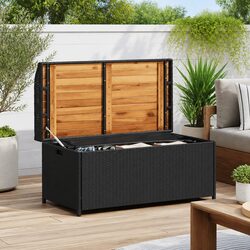 Sturdy Black Outdoor Storage Bench with PE Rattan & Acacia
