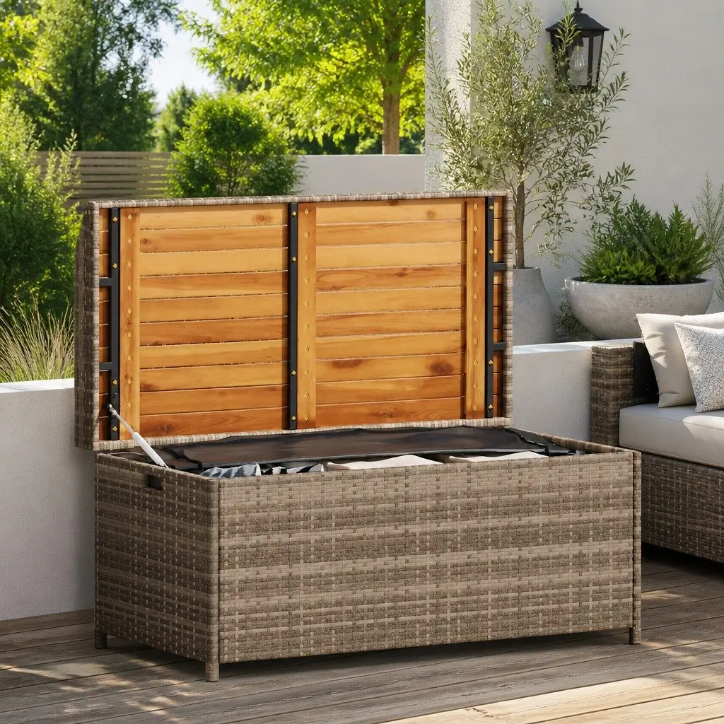 Grey Outdoor Storage Bench with Acacia Wood Frame
