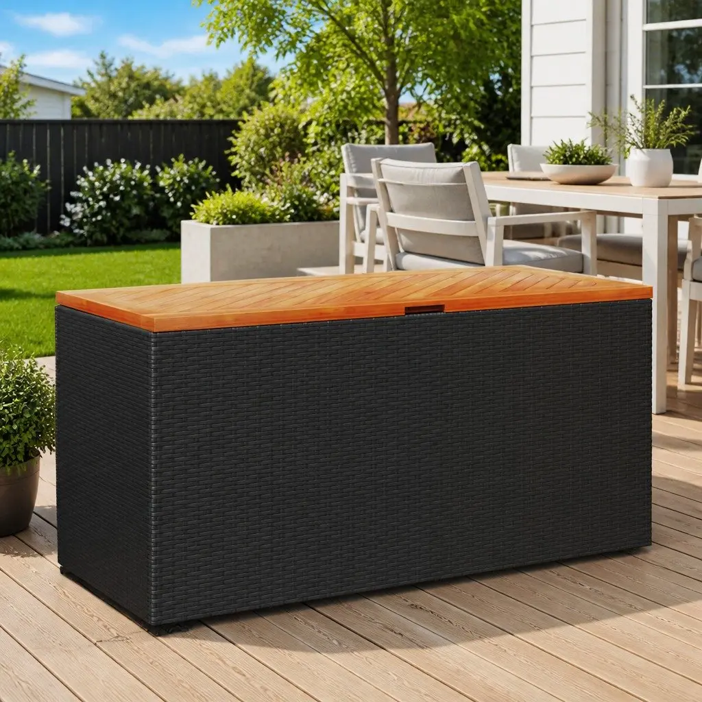 Garden Storage Box PE Poly Rattan Acacia Wood 110 x 50 x 54 cm Black