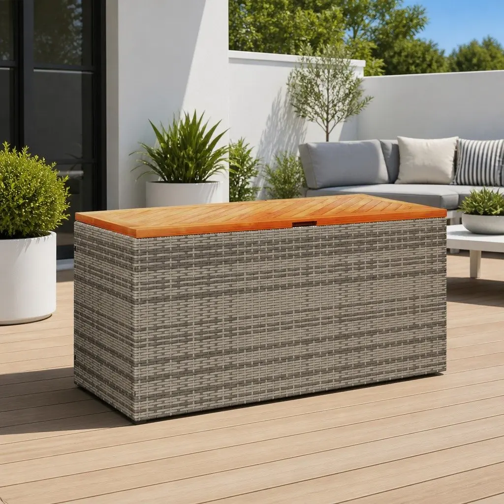 Garden Storage Box Poly Rattan 110x50x54cm Grey Acacia Wood Top