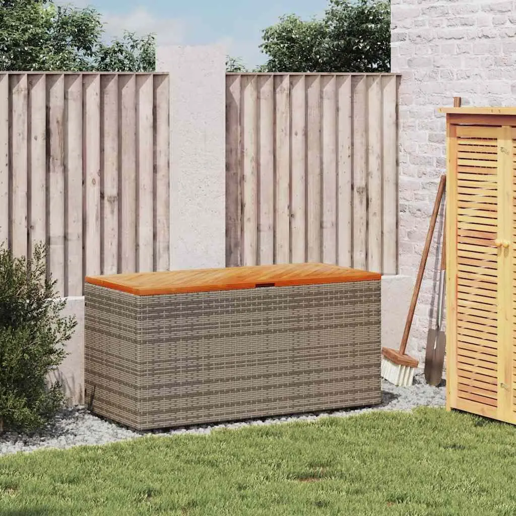 Garden Storage Box Poly Rattan 110x50x54cm Grey Acacia Wood Top
