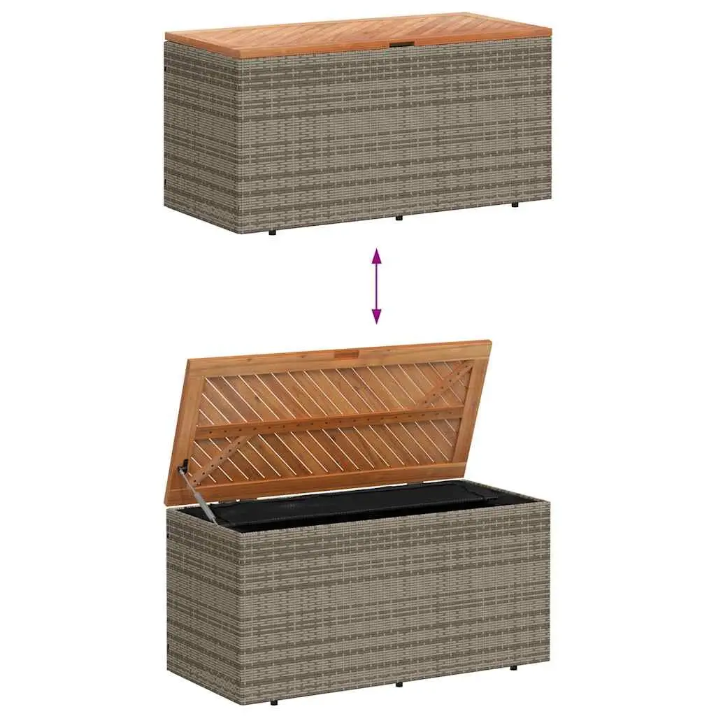 Garden Storage Box Poly Rattan 110x50x54cm Grey Acacia Wood Top