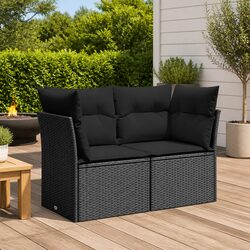 Black Poly Rattan 2-Seater Outdoor Garden Sofa with Cushions