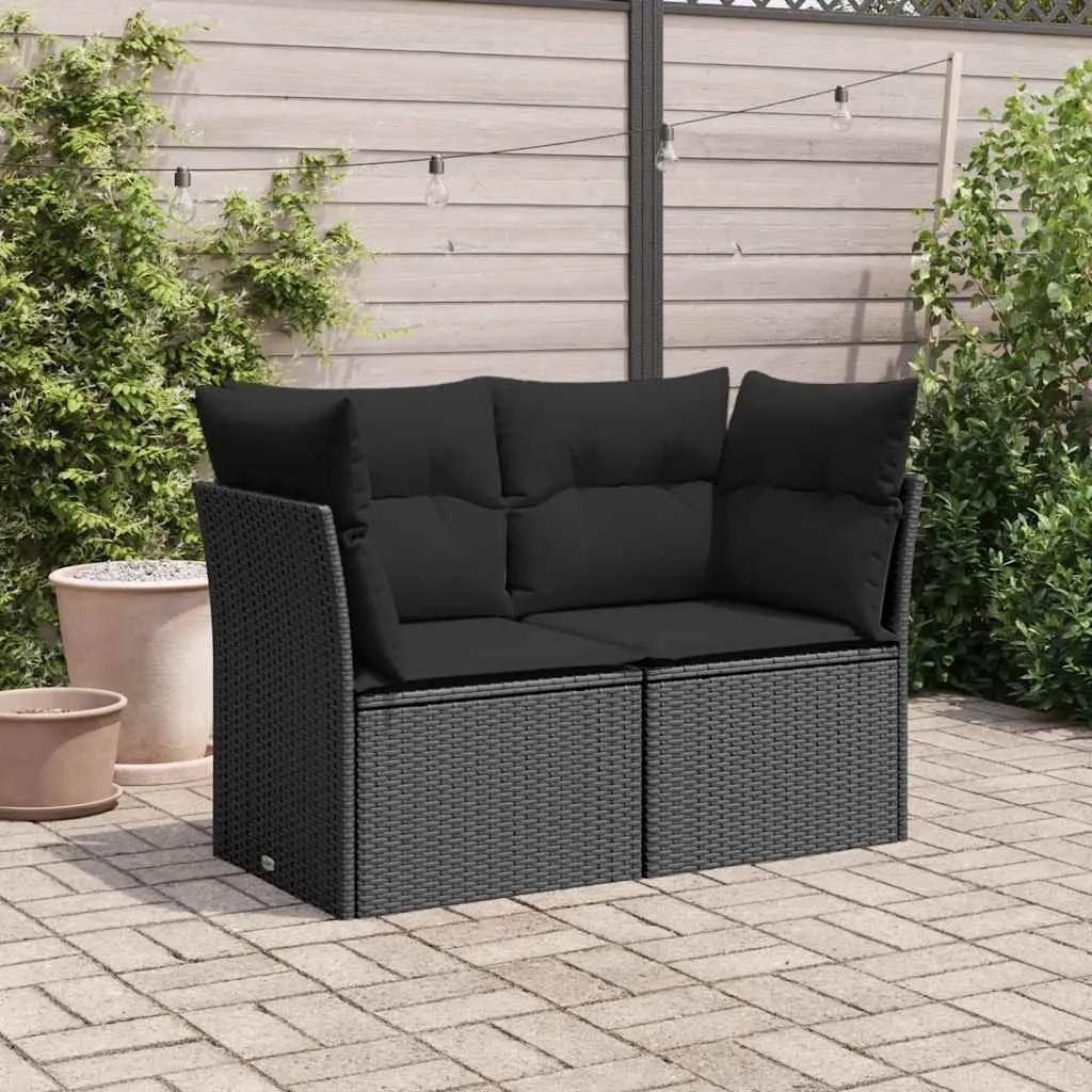 Black Poly Rattan 2-Seater Outdoor Garden Sofa with Cushions