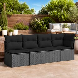Durable 4-Seater Black Rattan Garden Sofa with Cushions