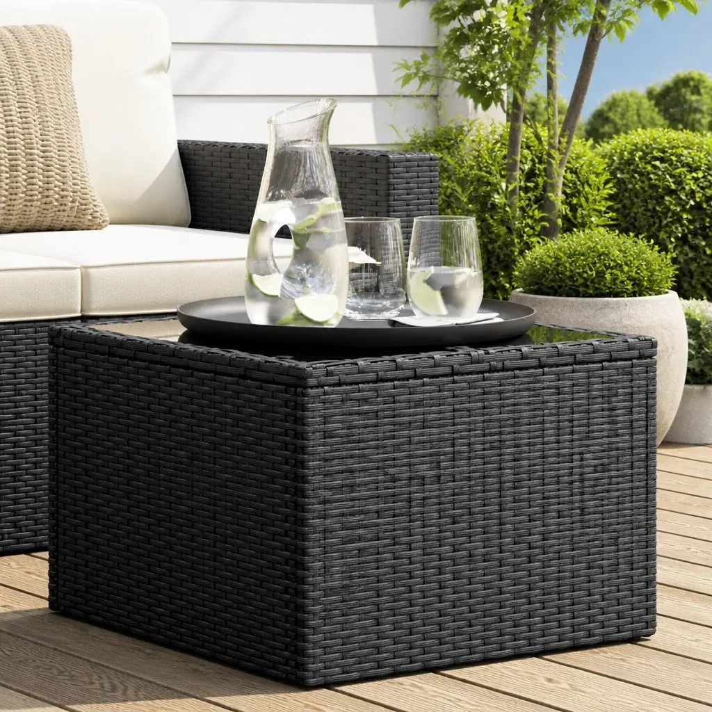 Garden Table Poly Rattan Tempered Glass Top 55 x 55 x 37 cm Black