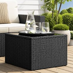 Durable Black Poly Rattan Garden Table with Glass Top