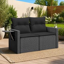 Premium Black Poly Rattan 2-Seater Garden Sofa with Cushions