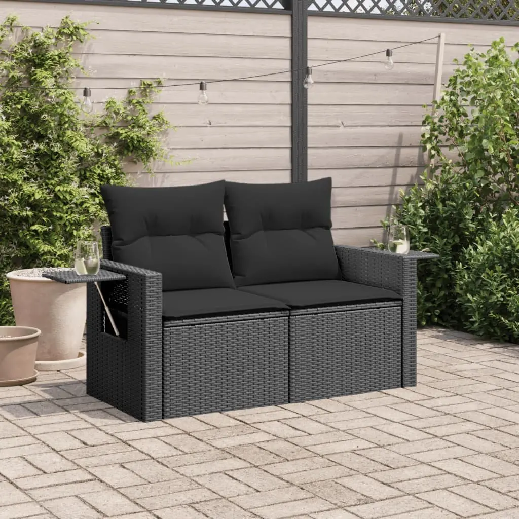 Black Poly Rattan 2-Seater Garden Sofa with Cushions