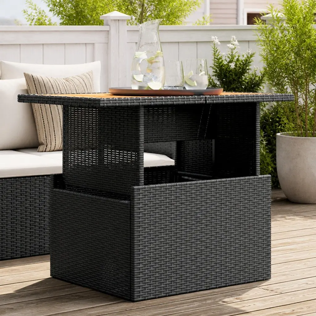 Black Poly Rattan Garden Table with Acacia Top