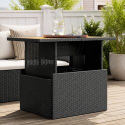 Durable Black Poly Rattan Garden Table with Acacia Top