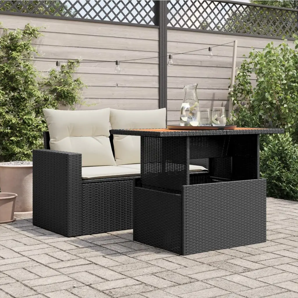 Black Poly Rattan Garden Table with Acacia Top