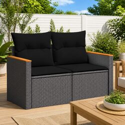 Premium Black Poly Rattan 2-Seater Garden Sofa with Cushions