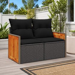 Durable 2-Seater Black Rattan Sofa with Cushions