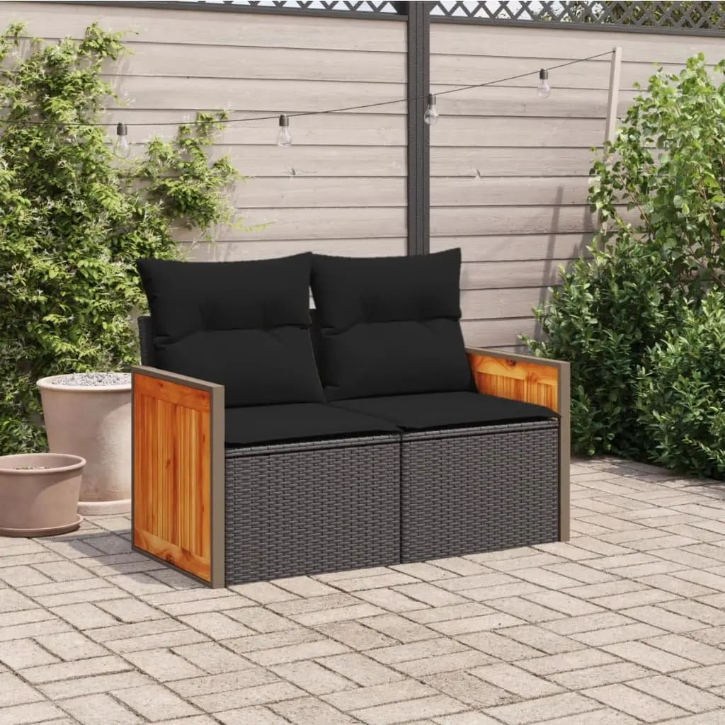 2-Seater Black Rattan Sofa with Cushions