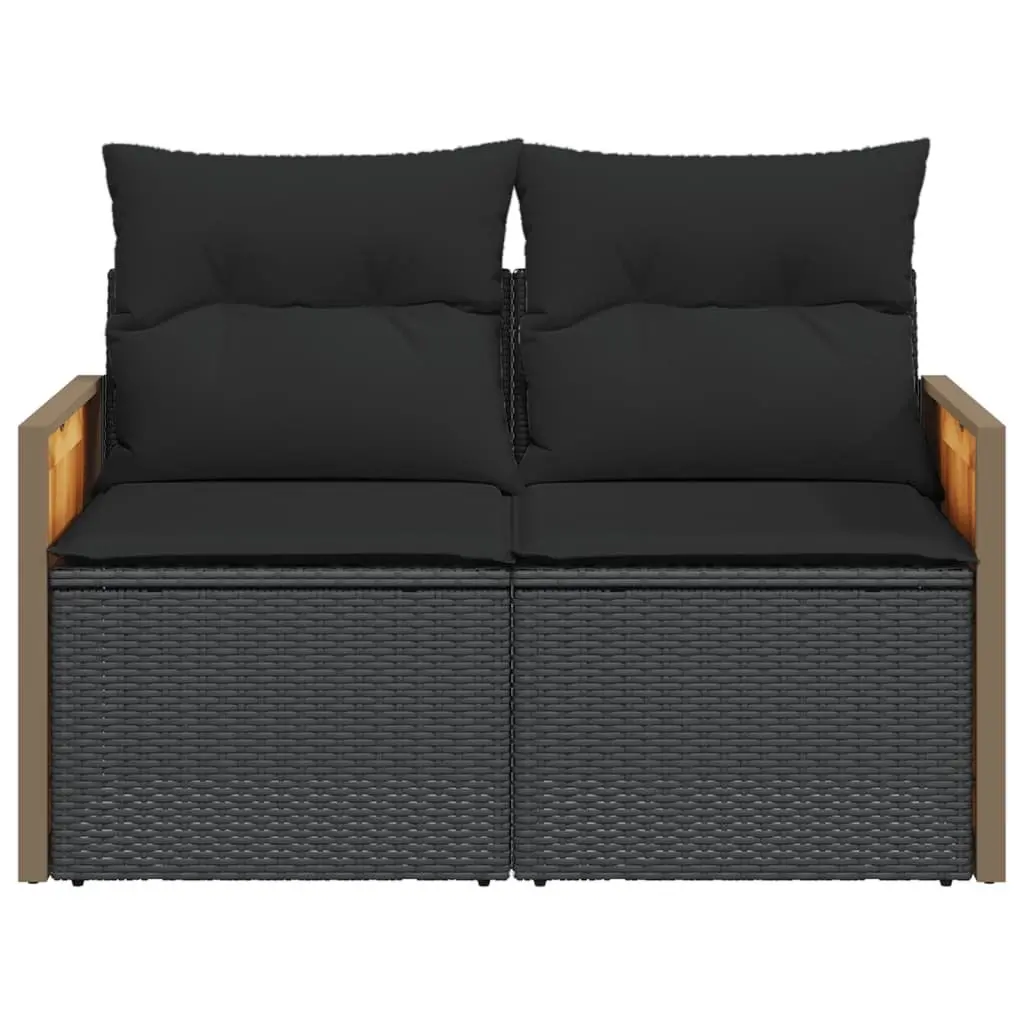 2-Seater Black Rattan Sofa with Cushions