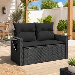 Black Poly Rattan 2-Seater Garden Sofa with Cushions