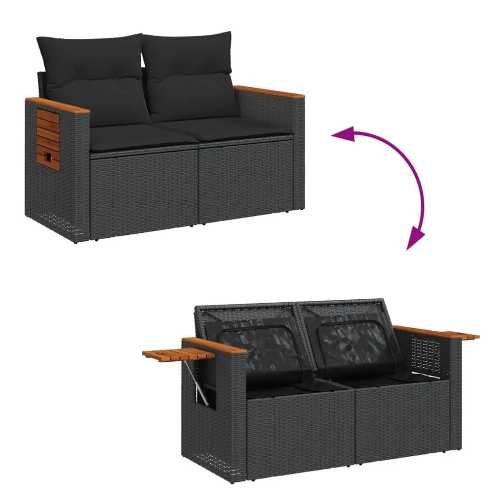 Garden Sofa Poly Rattan 2-Seater Black Outdoor Patio Couch with Cushions