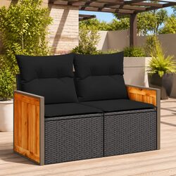 Durable Black Poly Rattan 2-Seater Garden Sofa with Storage