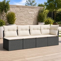 4-Seater Outdoor Patio Sofa with Cushions in Black Rattan