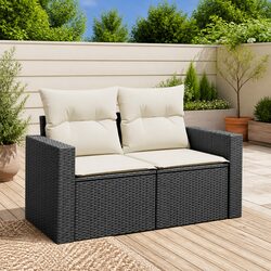 Durable Black Poly Rattan 2-Seater Garden Sofa with Cushions