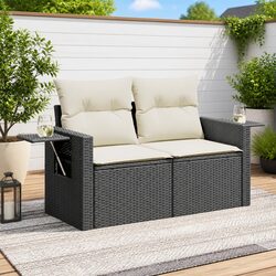 Durable 2-Seater Outdoor Sofa with Cushions - Black Rattan