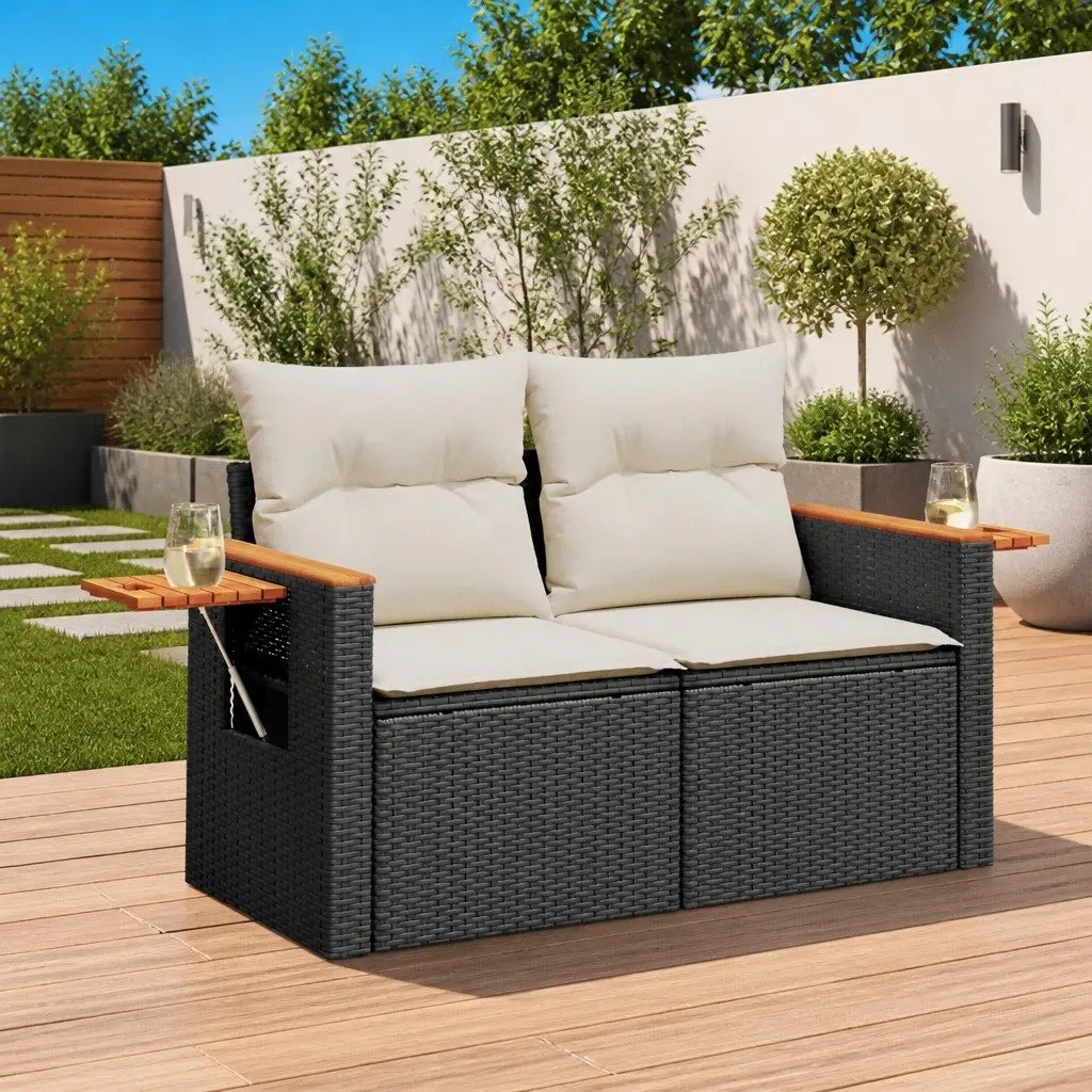 2-Seater Outdoor Sofa with Cushions & Foldable Table