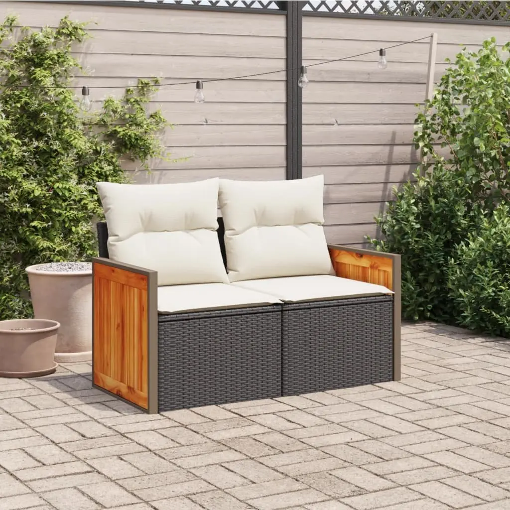 2-Seater Garden Sofa with Cushions in Black Rattan