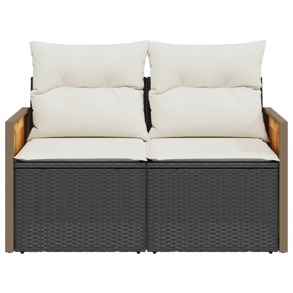 2-Seater Garden Sofa with Cushions in Black Rattan