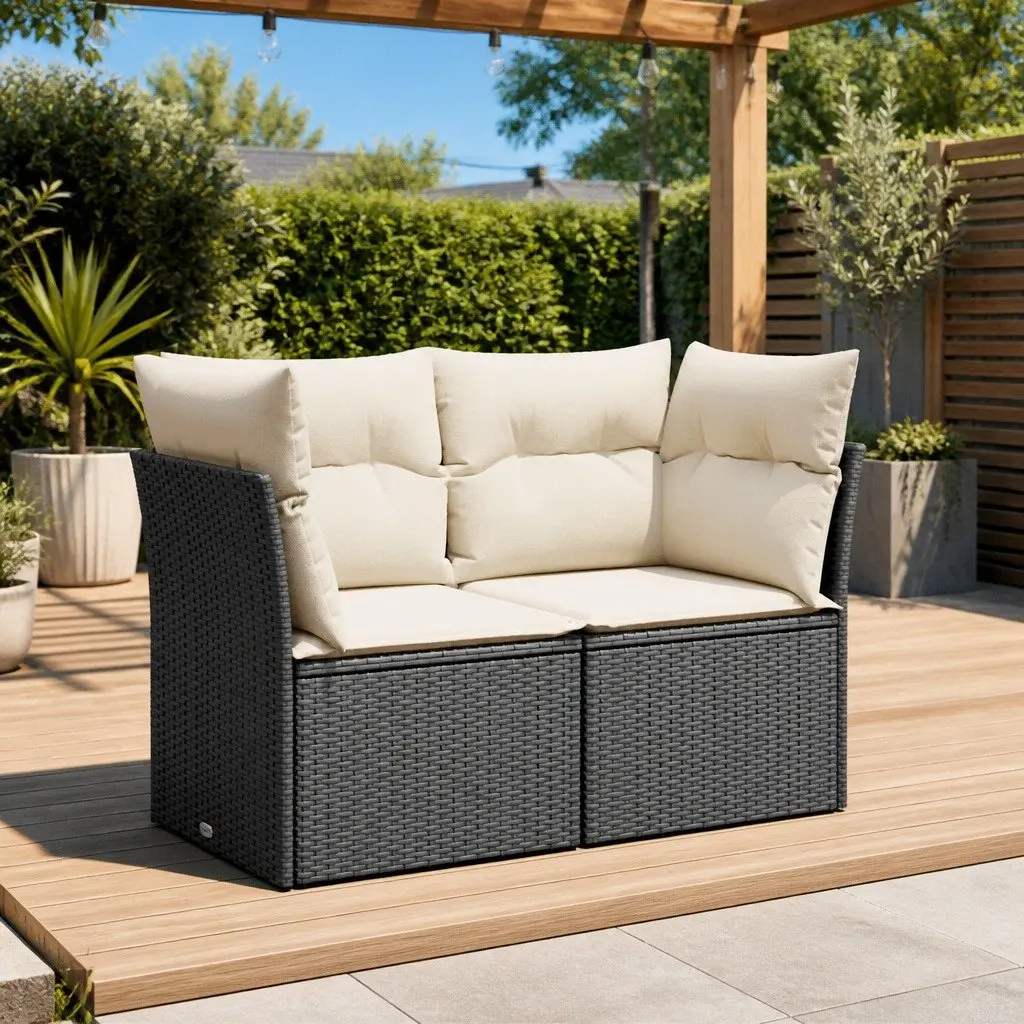 2-Seater Garden Sofa PE Rattan Outdoor Lounge Seat Black with Cushions and Storage