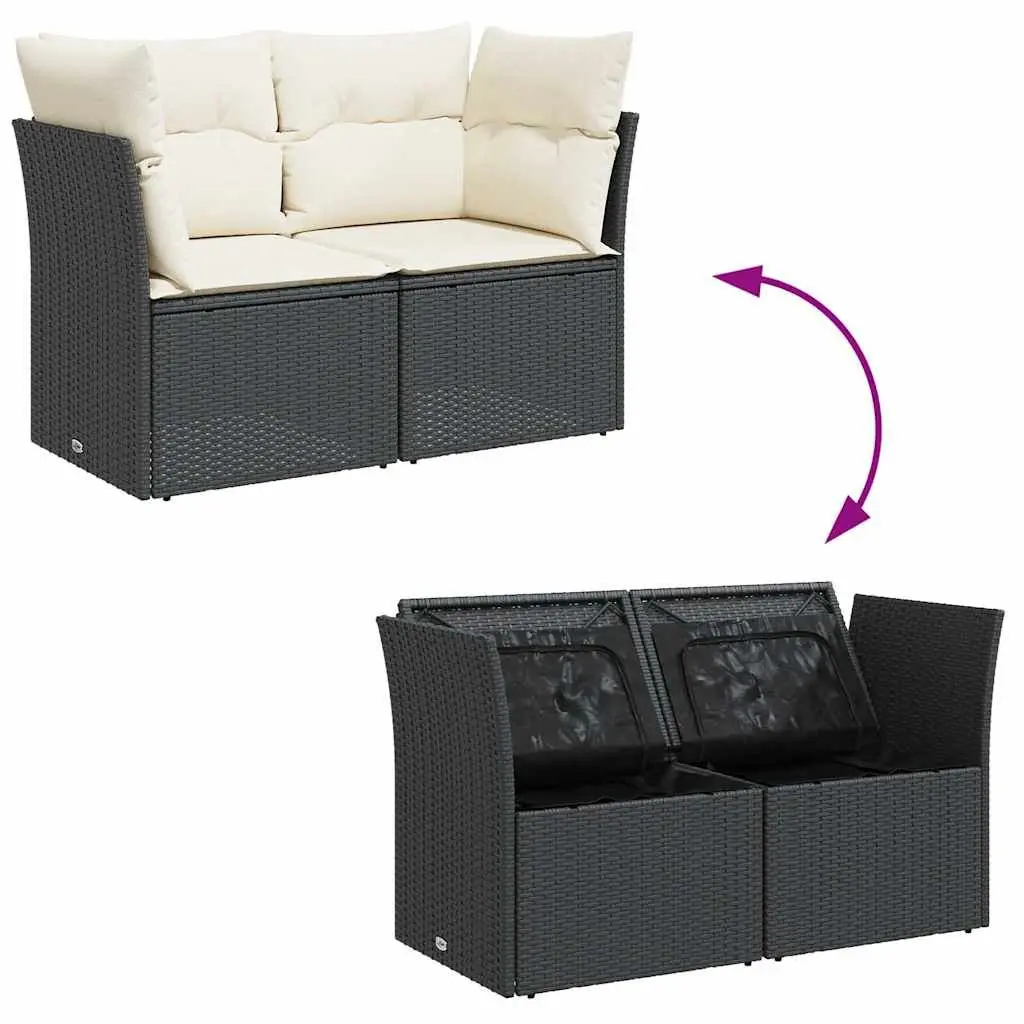 2-Seater Garden Sofa PE Rattan Outdoor Lounge Seat Black with Cushions and Storage