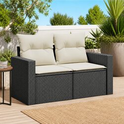 2-Seater Outdoor Garden Sofa Black Poly Rattan with Storage Cushions Patio